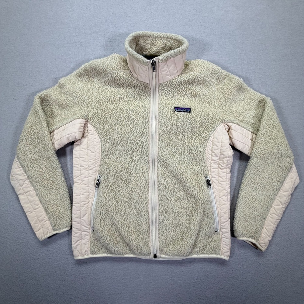 Patagonia Womens Jacket Regular Cream Mixed Media Sherpa Fleece Synchilla M